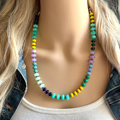 Summer Solstice Statement Necklace, Single Strand Necklace, gunmetal metallic necklace, vacation green yellow purple navy blue lavender