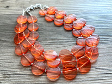 Load image into Gallery viewer, Orange Translucent Chunky Statement Necklace, Big beaded jewelry, triple Strand thick jewelry, red-orange bridesmaid wedding resin beads