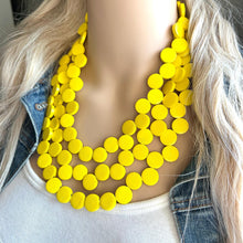 Load image into Gallery viewer, Summer Sunshine Yellow Painted Wood Chunky Statement Necklace, Big beaded jewelry, triple Strand Statement Necklace, Bib bridesmaid wedding