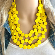 Load image into Gallery viewer, Summer Sunshine Yellow Painted Wood Chunky Statement Necklace, Big beaded jewelry, triple Strand Statement Necklace, Bib bridesmaid wedding