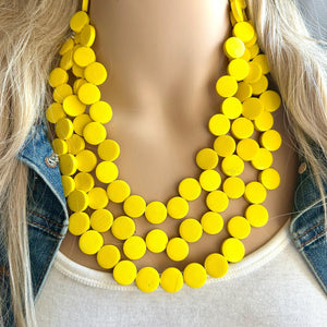 Summer Sunshine Yellow Painted Wood Chunky Statement Necklace, Big beaded jewelry, triple Strand Statement Necklace, Bib bridesmaid wedding