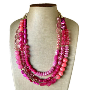 Girls Weekend Necklace, Beaded 3 Layer Necklace, bead statement necklace, blush hot pink beaded bib chunky heart magenta Valentine