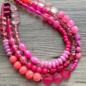 Girls Weekend Necklace, Beaded 3 Layer Necklace, bead statement necklace, blush hot pink beaded bib chunky heart magenta Valentine