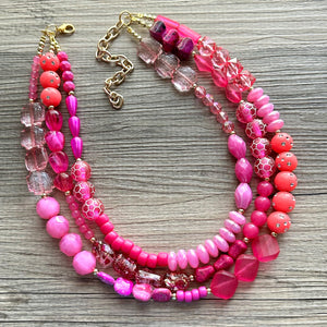 Girls Weekend Necklace, Beaded 3 Layer Necklace, bead statement necklace, blush hot pink beaded bib chunky heart magenta Valentine