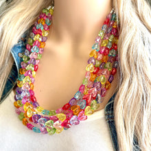 Load image into Gallery viewer, Rainbow Heart Statement Necklace, Chunky 5 Strand Jewelry, Valentines Day resin chunky neon bib beaded necklace colorful