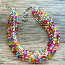 Load image into Gallery viewer, Rainbow Heart Statement Necklace, Chunky 5 Strand Jewelry, Valentines Day resin chunky neon bib beaded necklace colorful