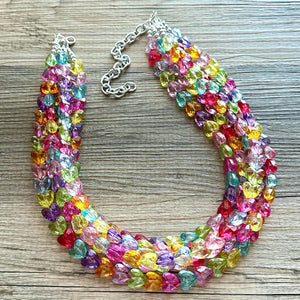 Rainbow Heart Statement Necklace, Chunky 5 Strand Jewelry, Valentines Day resin chunky neon bib beaded necklace colorful