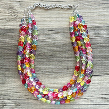 Load image into Gallery viewer, Rainbow Heart Statement Necklace, Chunky 5 Strand Jewelry, Valentines Day resin chunky neon bib beaded necklace colorful