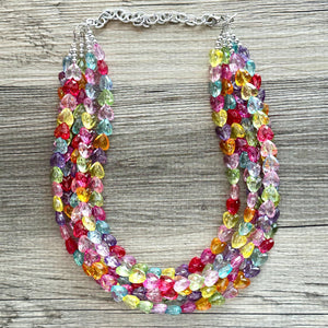 Rainbow Heart Statement Necklace, Chunky 5 Strand Jewelry, Valentines Day resin chunky neon bib beaded necklace colorful