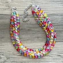 Load image into Gallery viewer, Rainbow Heart Statement Necklace, Chunky 5 Strand Jewelry, Valentines Day resin chunky neon bib beaded necklace colorful