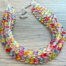 Load image into Gallery viewer, Rainbow Heart Statement Necklace, Chunky 5 Strand Jewelry, Valentines Day resin chunky neon bib beaded necklace colorful