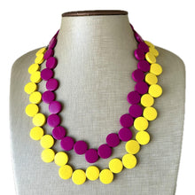 Load image into Gallery viewer, Pink &amp; Yellow Painted Wood Chunky Statement Necklace, Big beaded jewelry, double Strand Statement Necklace, Bib necklace, bridesmaid wedding