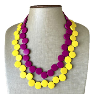 Pink & Yellow Painted Wood Chunky Statement Necklace, Big beaded jewelry, double Strand Statement Necklace, Bib necklace, bridesmaid wedding