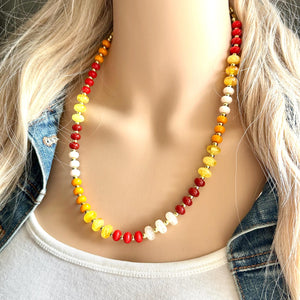 Fall Colors Statement Necklace, Single Strand Necklace, Orange red necklace, vacation white maroon yellow