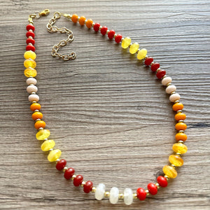 Fall Colors Statement Necklace, Single Strand Necklace, Orange red necklace, vacation white maroon yellow