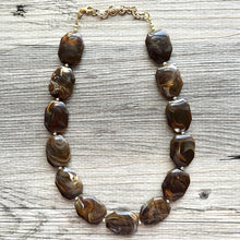 Load image into Gallery viewer, Mocha Fudge Swirl Statement Necklace, Chunky Beaded Necklace, brown beaded necklace, 1 single strand, dark deep OOAK jewelry layering