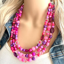 Load image into Gallery viewer, Pink &amp; purple Painted Chunky Statement Necklace, Big beaded jewelry, 3 Strand Statement Necklace, bib lavender necklace, pink earrings