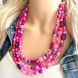 Pink & purple Painted Chunky Statement Necklace, Big beaded jewelry, 3 Strand Statement Necklace, bib lavender necklace, pink earrings