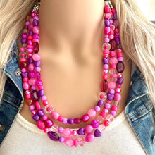 Load image into Gallery viewer, Pink &amp; purple Painted Chunky Statement Necklace, Big beaded jewelry, 3 Strand Statement Necklace, bib lavender necklace, pink earrings