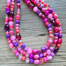 Load image into Gallery viewer, Pink &amp; purple Painted Chunky Statement Necklace, Big beaded jewelry, 3 Strand Statement Necklace, bib lavender necklace, pink earrings