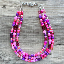 Load image into Gallery viewer, Pink &amp; purple Painted Chunky Statement Necklace, Big beaded jewelry, 3 Strand Statement Necklace, bib lavender necklace, pink earrings