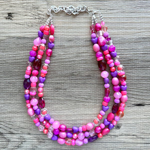 Pink & purple Painted Chunky Statement Necklace, Big beaded jewelry, 3 Strand Statement Necklace, bib lavender necklace, pink earrings