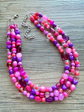 Load image into Gallery viewer, Pink &amp; purple Painted Chunky Statement Necklace, Big beaded jewelry, 3 Strand Statement Necklace, bib lavender necklace, pink earrings