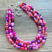 Load image into Gallery viewer, Pink &amp; purple Painted Chunky Statement Necklace, Big beaded jewelry, 3 Strand Statement Necklace, bib lavender necklace, pink earrings