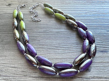 Load image into Gallery viewer, Metallic Mermaid Bubble Necklace, multi strand colorful jewelry, big beaded chunky statement necklace, purple jewel tone silver green