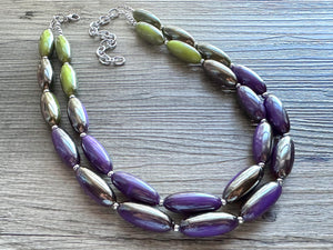 Metallic Mermaid Bubble Necklace, multi strand colorful jewelry, big beaded chunky statement necklace, purple jewel tone silver green