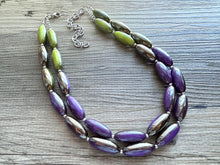 Load image into Gallery viewer, Metallic Mermaid Bubble Necklace, multi strand colorful jewelry, big beaded chunky statement necklace, purple jewel tone silver green