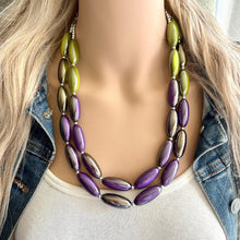 Load image into Gallery viewer, Metallic Mermaid Bubble Necklace, multi strand colorful jewelry, big beaded chunky statement necklace, purple jewel tone silver green