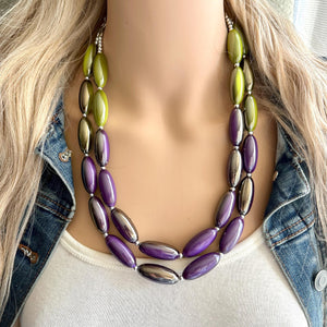 Metallic Mermaid Bubble Necklace, multi strand colorful jewelry, big beaded chunky statement necklace, purple jewel tone silver green