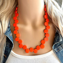 Load image into Gallery viewer, Crisp Harvest Statement Necklace, fall colors Hot Orange Necklace, 1 Strand Statement necklace, vintage wood chunky orange red neon