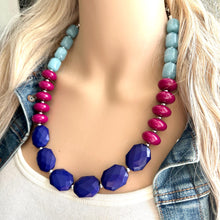 Load image into Gallery viewer, Bejeweled Purple 1 Strand Necklace, blue Necklace, pink aqua jewelry, magenta chunky statement necklace OOAK, emerald turquoise