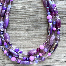 Load image into Gallery viewer, Purple Ombré statement necklace, chunky bib necklace, beaded jewelry lavender necklace, three strand deep purple jewelry eggplant