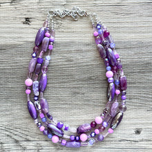 Load image into Gallery viewer, Purple Ombré statement necklace, chunky bib necklace, beaded jewelry lavender necklace, three strand deep purple jewelry eggplant