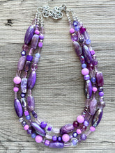 Load image into Gallery viewer, Purple Ombré statement necklace, chunky bib necklace, beaded jewelry lavender necklace, three strand deep purple jewelry eggplant