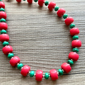 Pink & Green Chunky Statement Necklace, Big beaded jewelry, Single Strand Statement Necklace, Bib necklace, magenta hot pink geometric