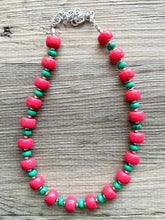 Load image into Gallery viewer, Pink &amp; Green Chunky Statement Necklace, Big beaded jewelry, Single Strand Statement Necklace, Bib necklace, magenta hot pink geometric