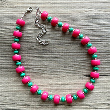 Load image into Gallery viewer, Pink &amp; Green Chunky Statement Necklace, Big beaded jewelry, Single Strand Statement Necklace, Bib necklace, magenta hot pink geometric