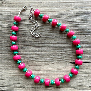 Pink & Green Chunky Statement Necklace, Big beaded jewelry, Single Strand Statement Necklace, Bib necklace, magenta hot pink geometric