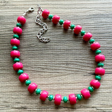 Load image into Gallery viewer, Pink &amp; Green Chunky Statement Necklace, Big beaded jewelry, Single Strand Statement Necklace, Bib necklace, magenta hot pink geometric