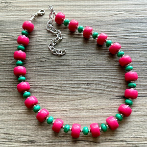 Pink & Green Chunky Statement Necklace, Big beaded jewelry, Single Strand Statement Necklace, Bib necklace, magenta hot pink geometric