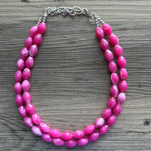 Load image into Gallery viewer, Hot Pink Statement jewelry set, Chunky Beaded Necklace Jewelry, dark pink Necklace, magenta beaded necklace, earrings pink set double strand