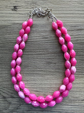 Load image into Gallery viewer, Hot Pink Statement jewelry set, Chunky Beaded Necklace Jewelry, dark pink Necklace, magenta beaded necklace, earrings pink set double strand