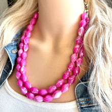 Load image into Gallery viewer, Hot Pink Statement jewelry set, Chunky Beaded Necklace Jewelry, dark pink Necklace, magenta beaded necklace, earrings pink set double strand