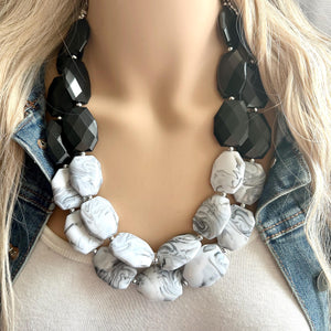 Black White & Gray Big Bead Necklace, Statement Jewelry, neutral silver Chunky bib, bridesmaids necklace, wedding bridesmaid necklace