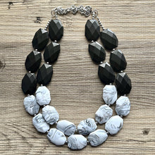 Load image into Gallery viewer, Black White &amp; Gray Big Bead Necklace, Statement Jewelry, neutral silver Chunky bib, bridesmaids necklace, wedding bridesmaid necklace