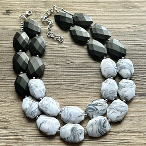 Black White & Gray Big Bead Necklace, Statement Jewelry, neutral silver Chunky bib, bridesmaids necklace, wedding bridesmaid necklace